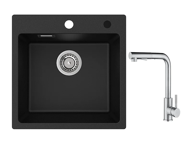 Cecipa max 45x45cm Evier Quartz Noir Evier 1 Bac en Quartz et Résine Evier de Cuisine + Mitigeur avec Douchette Extractible - 2 Jets aux Choix Brossé