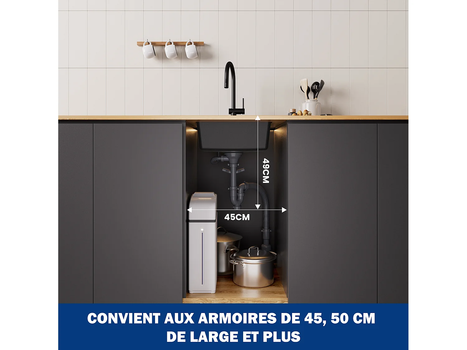 Cecipa max 45x45cm Evier Quartz Noir Evier 1 Bac en Quartz et Résine Evier de Cuisine + Mitigeur avec Douchette Extractible - 2 Jets aux Choix Brossé