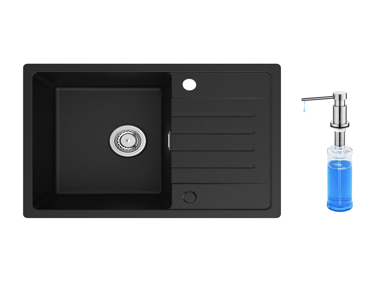 Cecipa max 78x45cm 1 Becken Spüle mit Abtropffläche Einbauspüle Quarz und Kunstharz Schwarz + 300ML gebürsteter Seifenspender