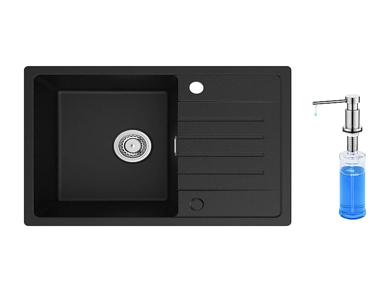 Cecipa max 78x45cm Evier 1 Bac avec Egouttoir Evier à encastrer Quartz et résine Noir + 300ML Distributeur de Savon Brossé