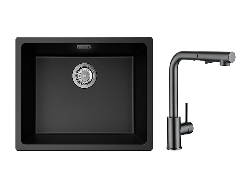 Evier 1 Bac en Quartz et Résine, 3 Options de Montage, 55*44*20cm + Mitigeur Cuisine Avec Douchette Extractible