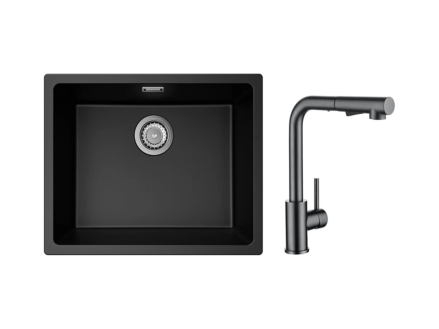 Evier 1 Bac en Quartz et Résine, 3 Options de Montage, 55*44*20cm + Mitigeur Cuisine Avec Douchette Extractible