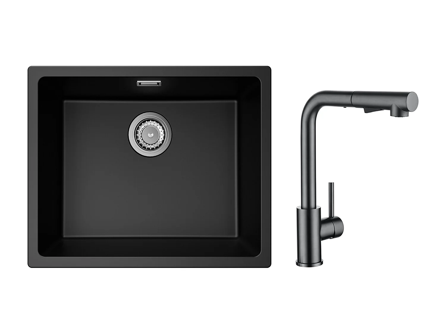 Evier 1 Bac en Quartz et Résine, 3 Options de Montage, 55*44*20cm + Mitigeur Cuisine Avec Douchette Extractible