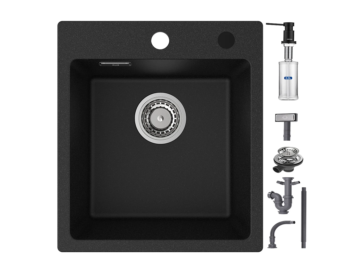 Cecipa max Evier Quartz + Distributeur de Savon, Evier 1 Bac en Quartz Evier de Cuisine en Granit Noir, Evier à Encastrer (40x45x20cm)