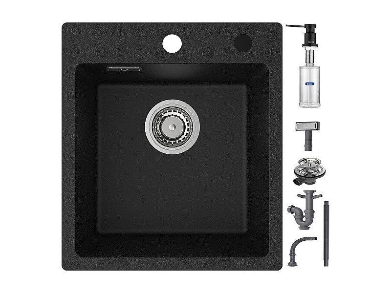 Cecipa max Evier Quartz + Distributeur de Savon, Evier 1 Bac en Quartz Evier de Cuisine en Granit Noir, Evier à Encastrer (40x45x20cm)