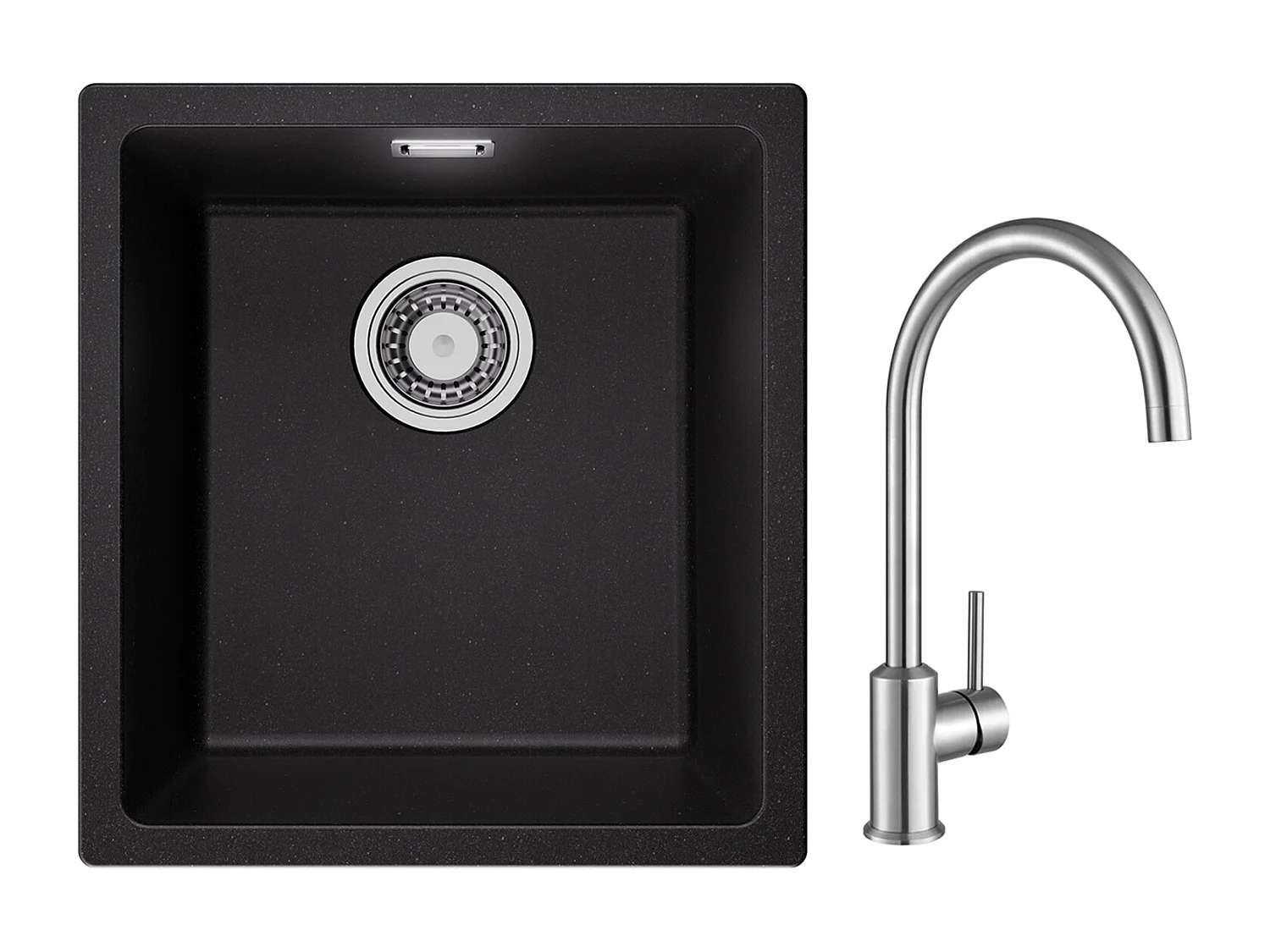 Evier 1 Bac en Quartz et Résine, 3 Options de Montage, 40*44*20cm + Mitigeur de Cuisine en Inox Brossé