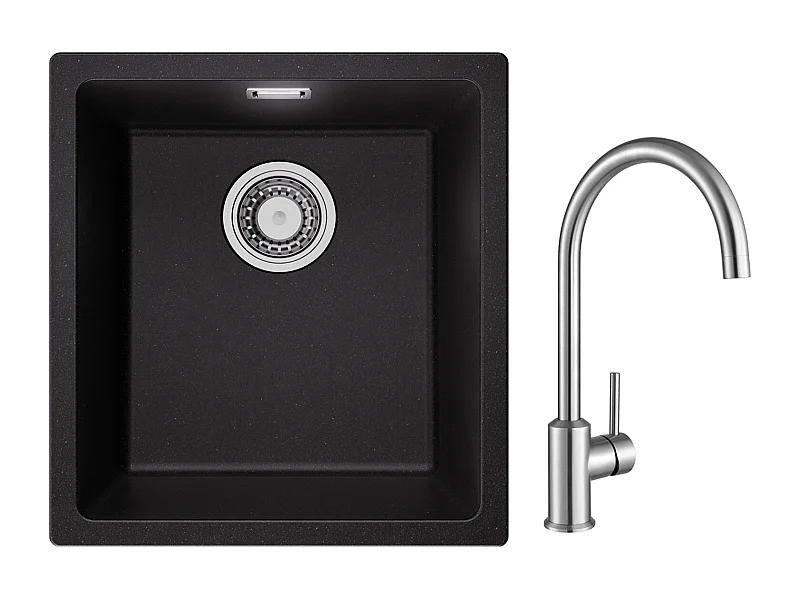 Evier 1 Bac en Quartz et Résine, 3 Options de Montage, 40*44*20cm + Mitigeur de Cuisine en Inox Brossé