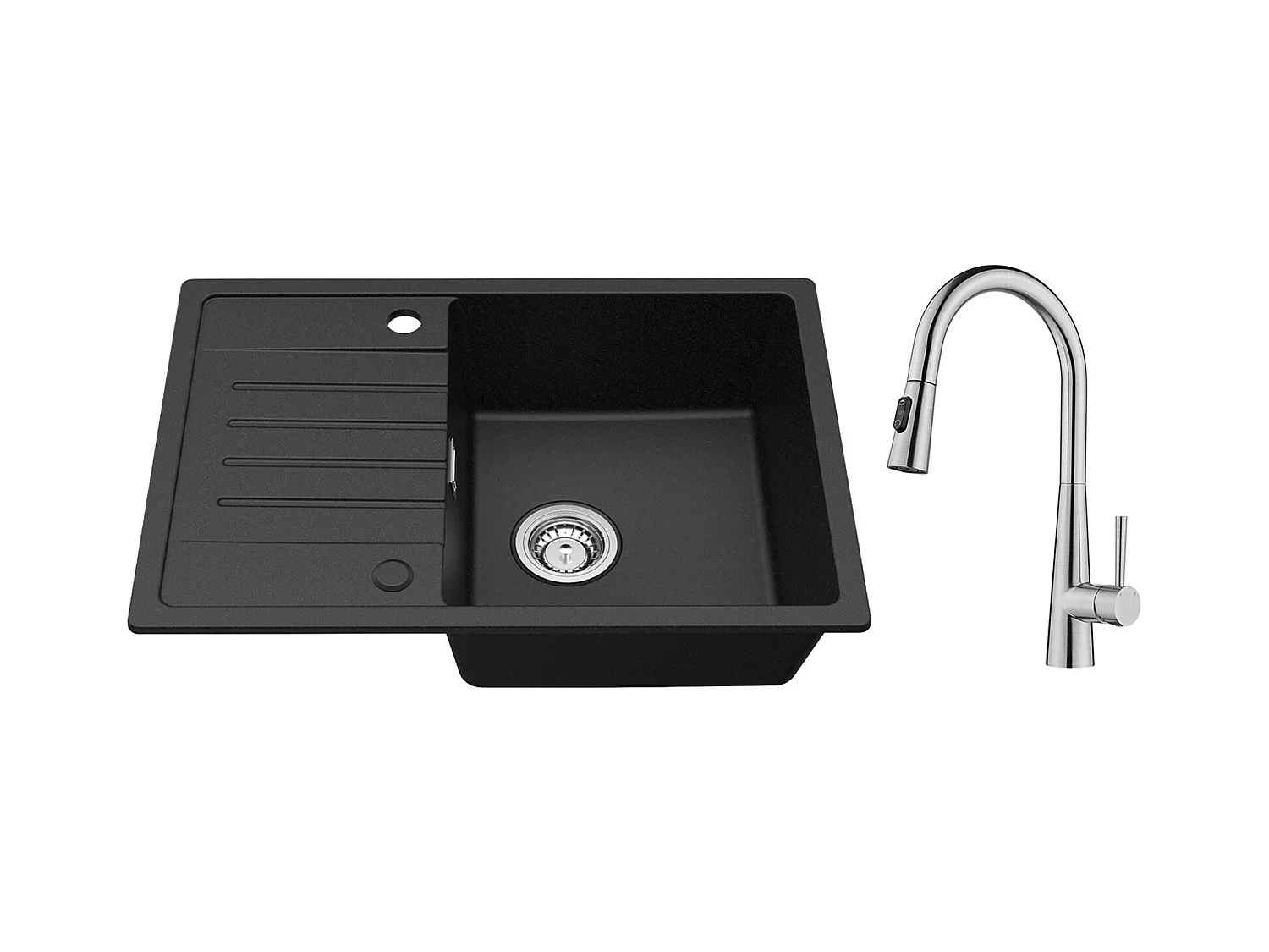Cecipa max Evier 1 Bac avec Egouttoir, Evier en Quartz et résine Noir 65x45cm + Mitigeur avec Douchette Extractible, 3 Modes de Sortie D'eau, Brossé