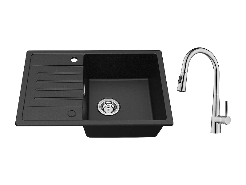 Cecipa max Einzelspüle mit Abtropffläche, Quarz- und Kunstharzspüle Schwarz 65x45cm + Mischbatterie mit ausziehbarer Brause, 3 Wasserauslassmodi, Gebürstet