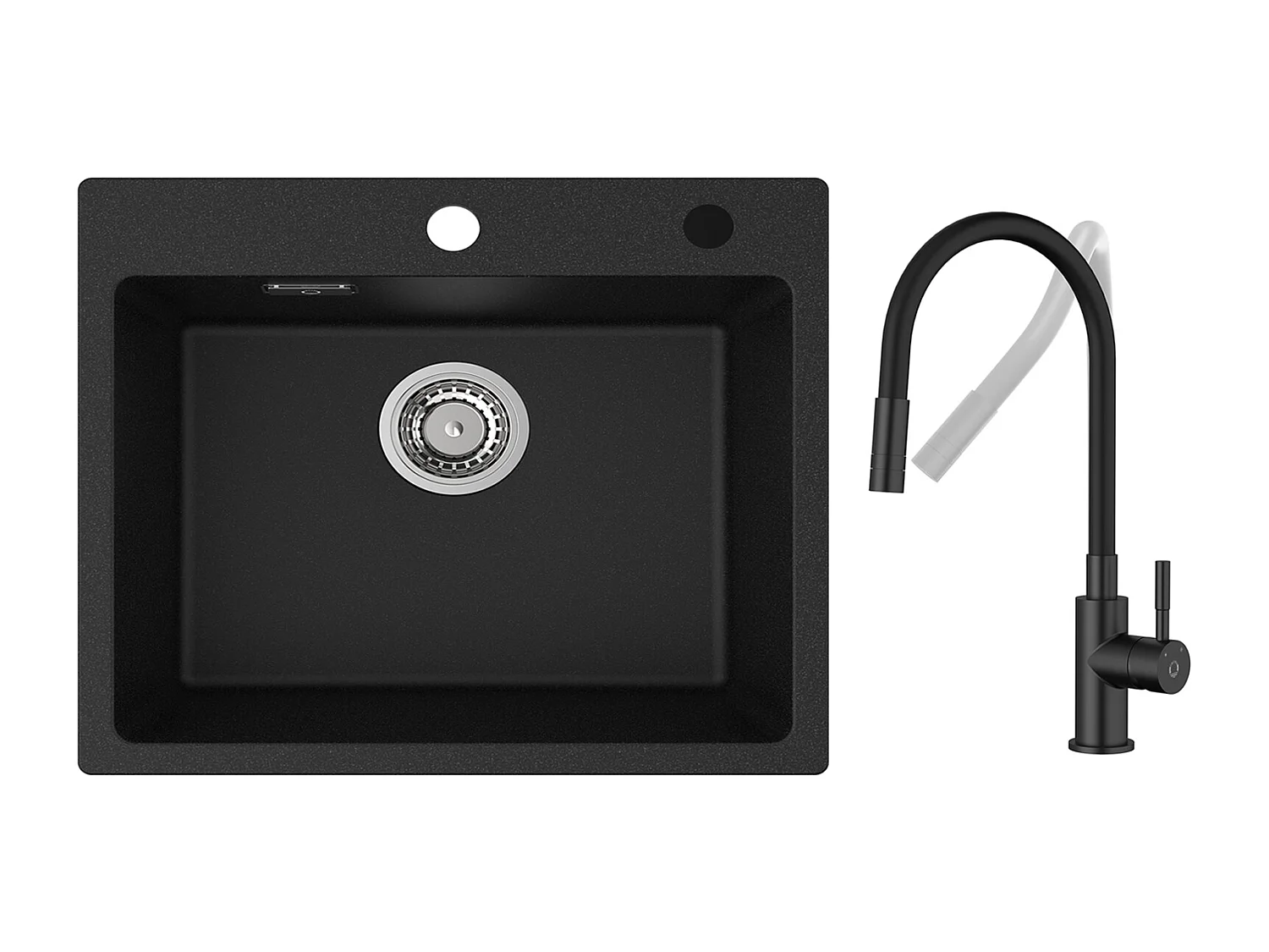 CECIPA MAX Evier Quartz Noir 50x45cm Evier 1 Bac en Quartz et Résine + Flexible Mitigeur de Cuisine, 2 Types de Jets  Robinet Extractible Noir