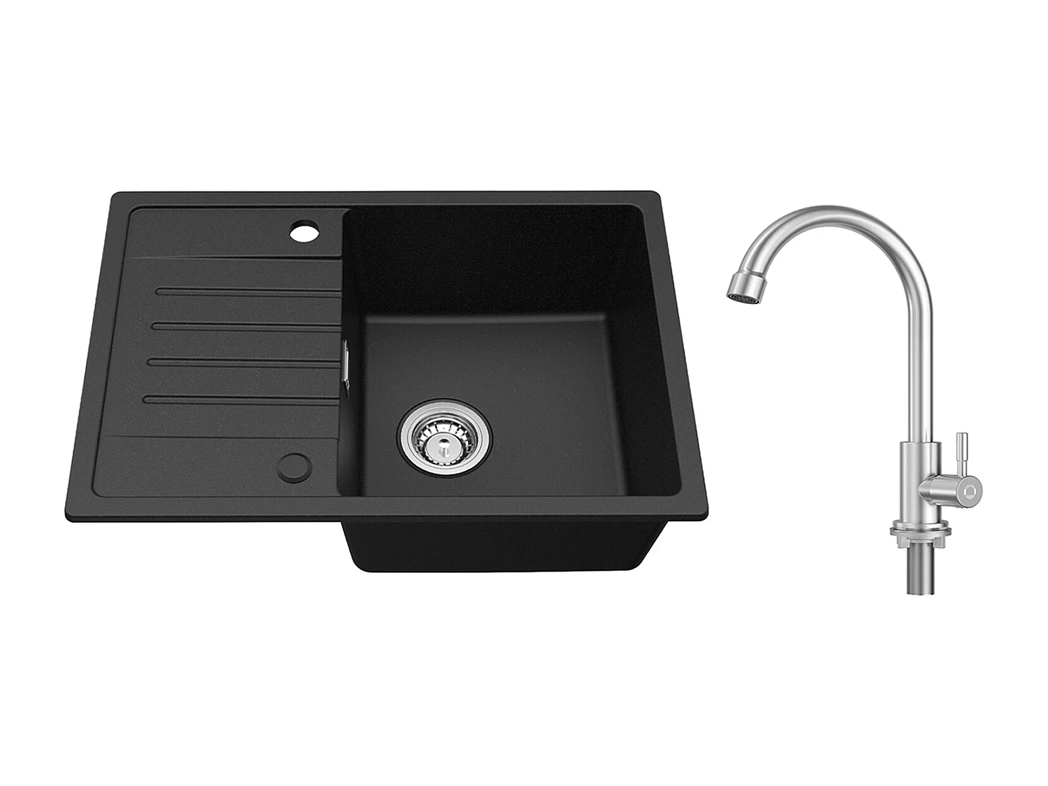 Noir Evier à Encastrer 1 Bac avec Egouttoir, Quartz et Résine, 65x45cm + Robinet de Cuisine à eau Froide,Brossé