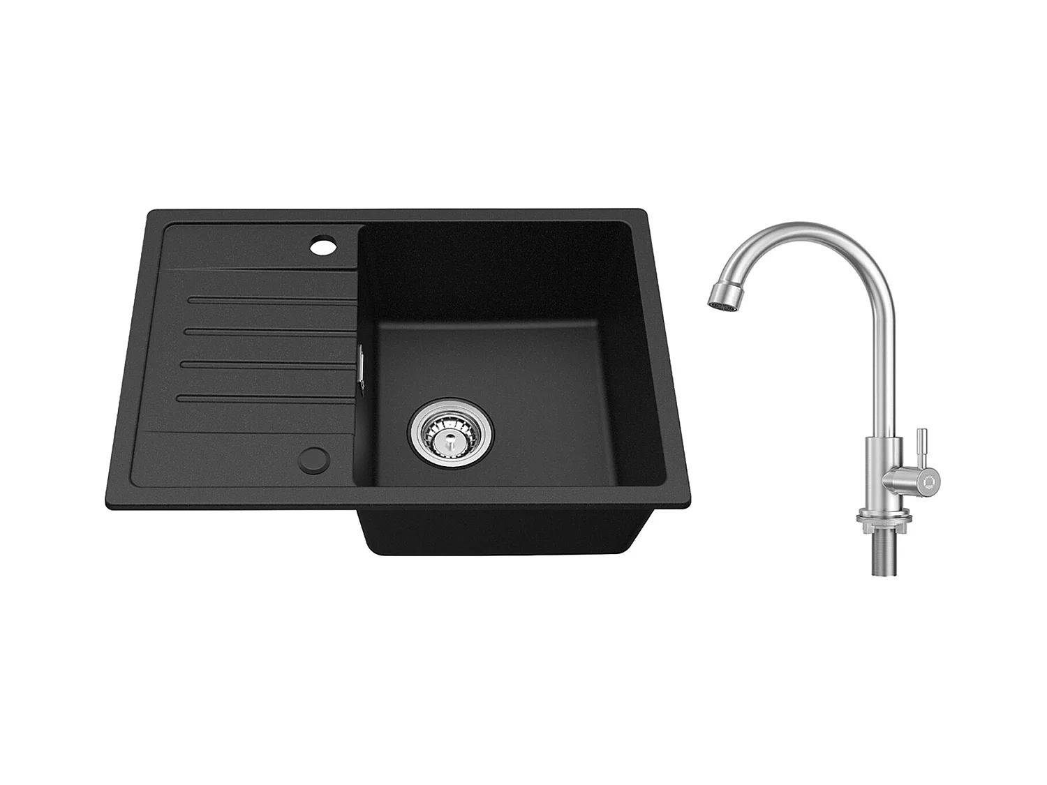 Noir Evier à Encastrer 1 Bac avec Egouttoir, Quartz et Résine, 65x45cm + Robinet de Cuisine à eau Froide,Brossé
