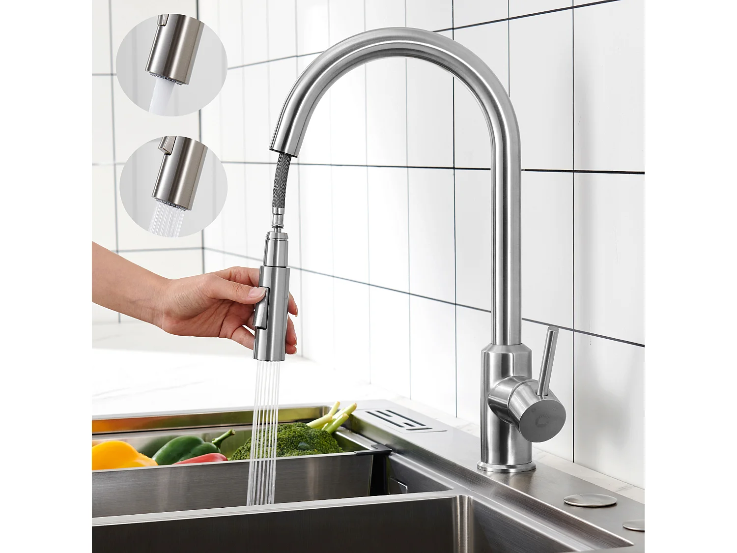 Cecipa max 40x45cm Evier de Cuisine en Quartz et Résine Evier Quartz 1 Bac Noir + Mitigeur avec Douchette Extractible - 2 Modes de Sortie D'eau