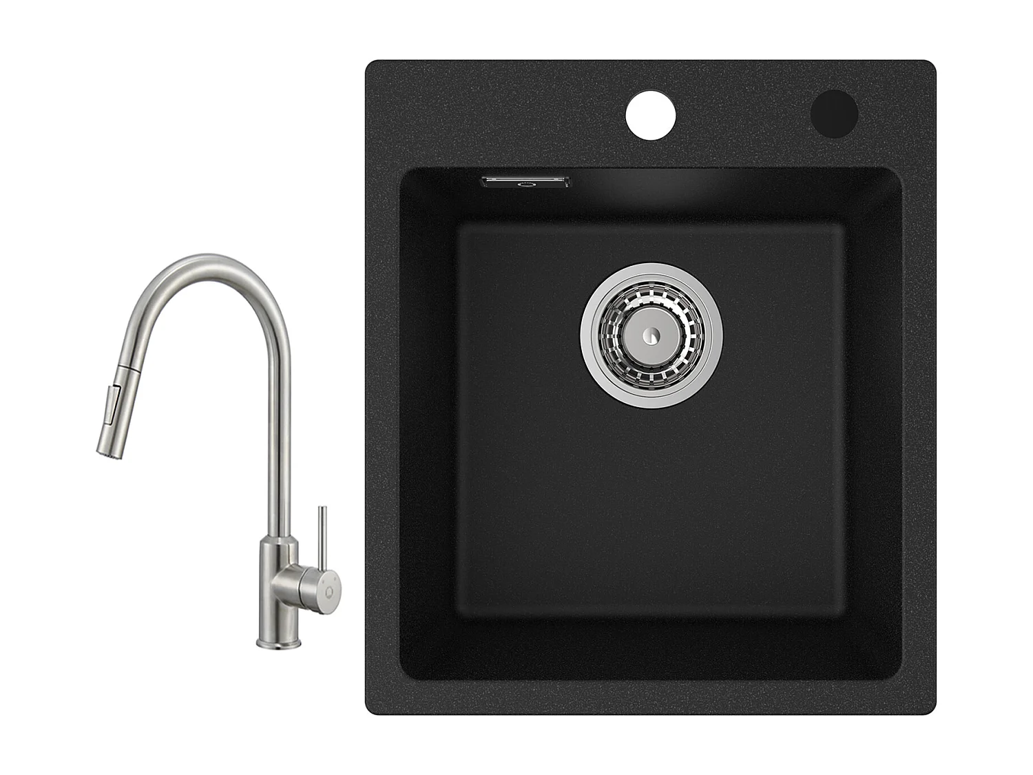 Cecipa max 40x45cm Evier de Cuisine en Quartz et Résine Evier Quartz 1 Bac Noir + Mitigeur avec Douchette Extractible - 2 Modes de Sortie D'eau