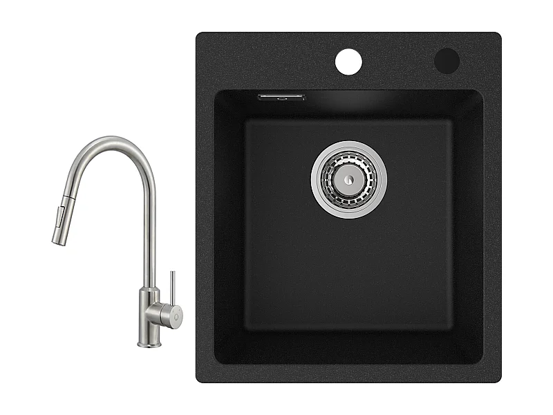 Cecipa max 40x45cm Evier de Cuisine en Quartz et Résine Evier Quartz 1 Bac Noir + Mitigeur avec Douchette Extractible - 2 Modes de Sortie D'eau