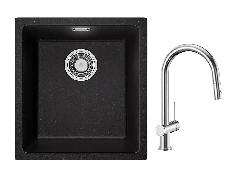 CECIPA MAX Einzelbecken aus Quarz- und Kunstharzspüle in Schwarzgrau 40*44*20cm + Küchenmischbatterie mit ausziehbarer Brause gebürstet