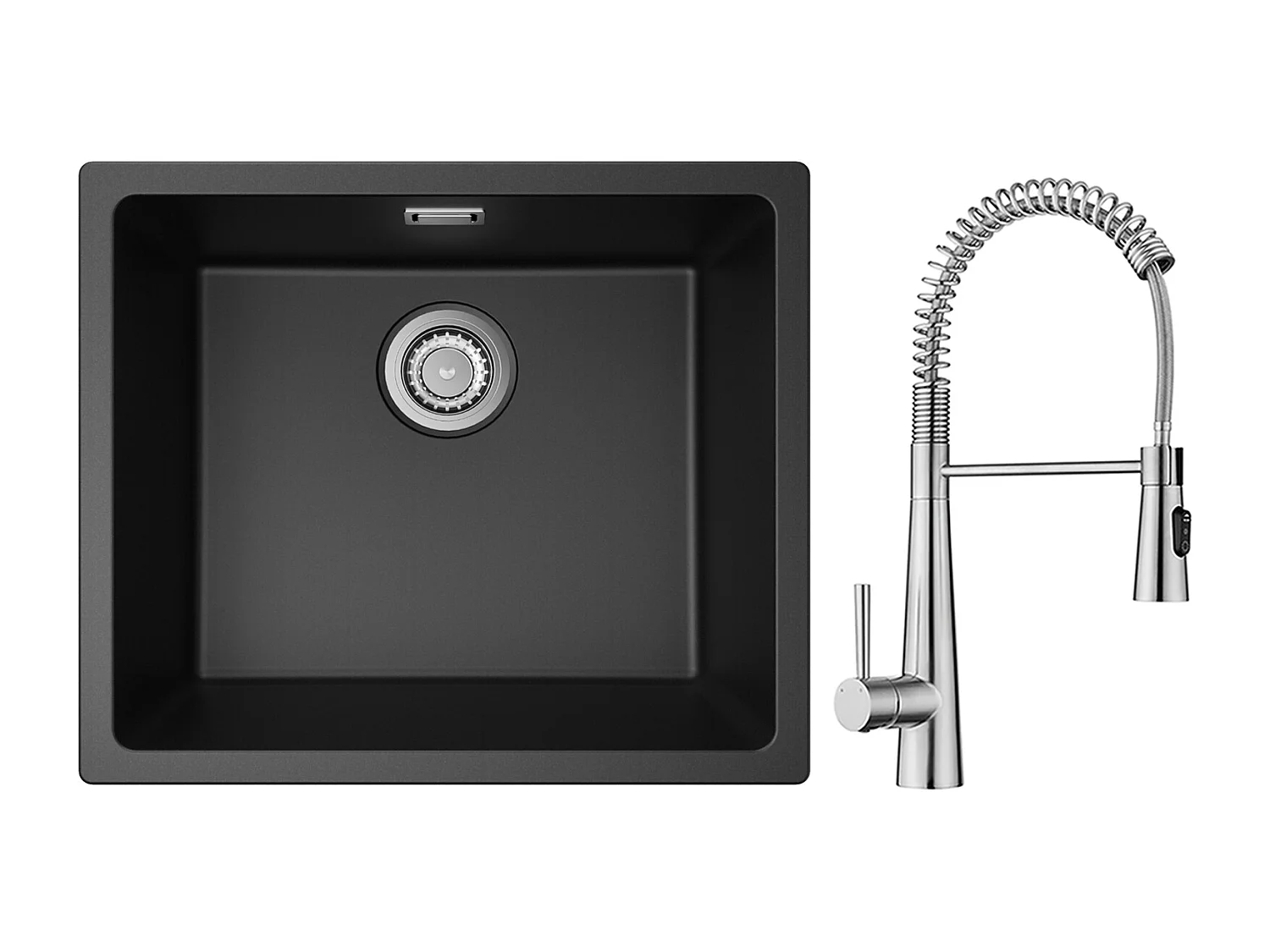 CECIPA MAX spoelbak 1 kom in kwarts en hars zwart grijs 50*44*20cm + lente keukenmixer met 3 waterafvoermodi, geborsteld