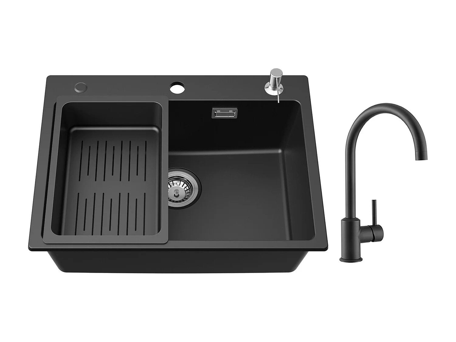 Noir Evier en Quartz avec Panier de Vidange et Distributeur de Savon 60*45cm + Mitigeur de Cuisine en Inox Noir