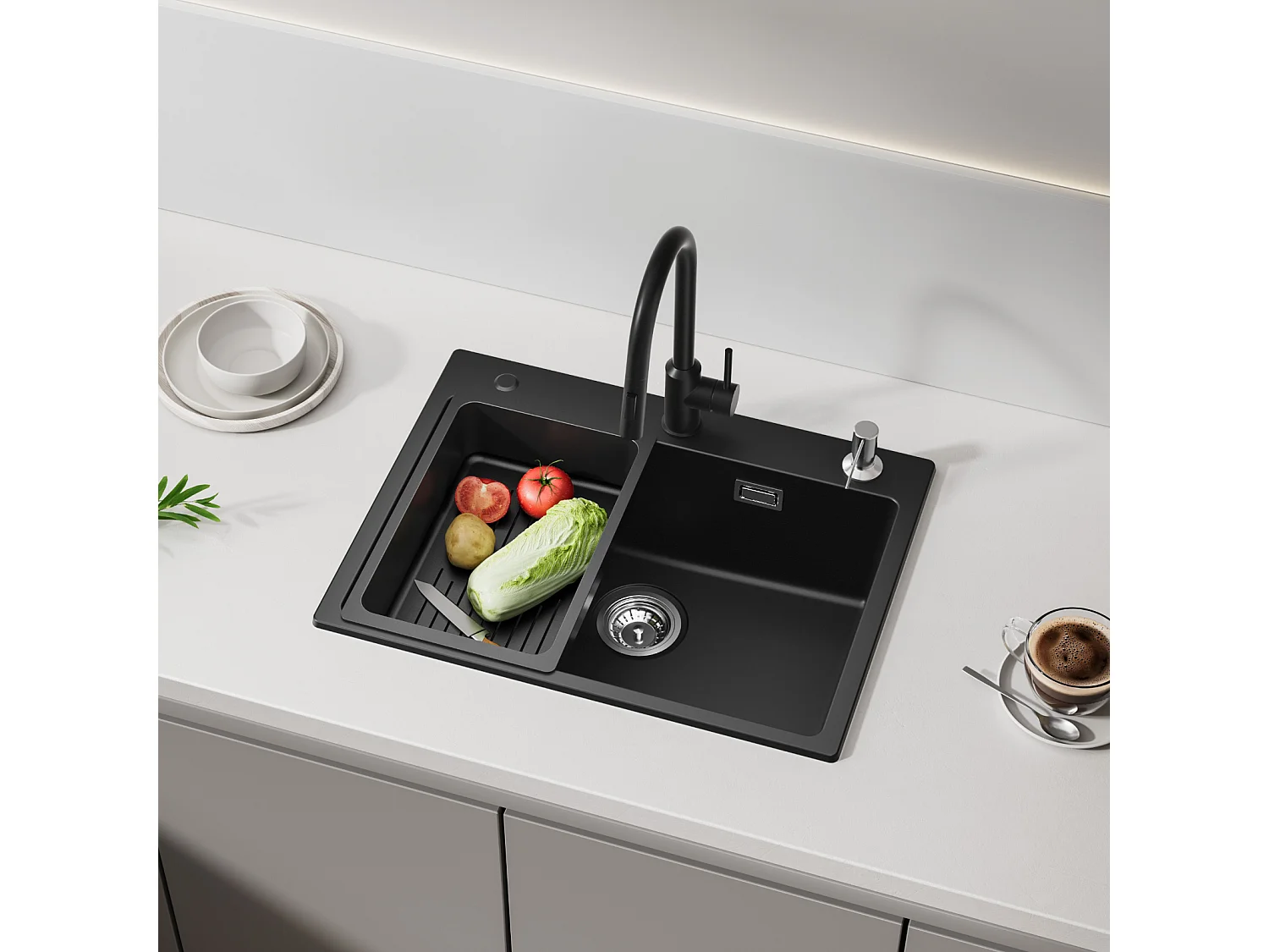 Noir Evier en Quartz avec Panier de Vidange et Distributeur de Savon 60*45cm + Mitigeur de Cuisine en Inox Noir