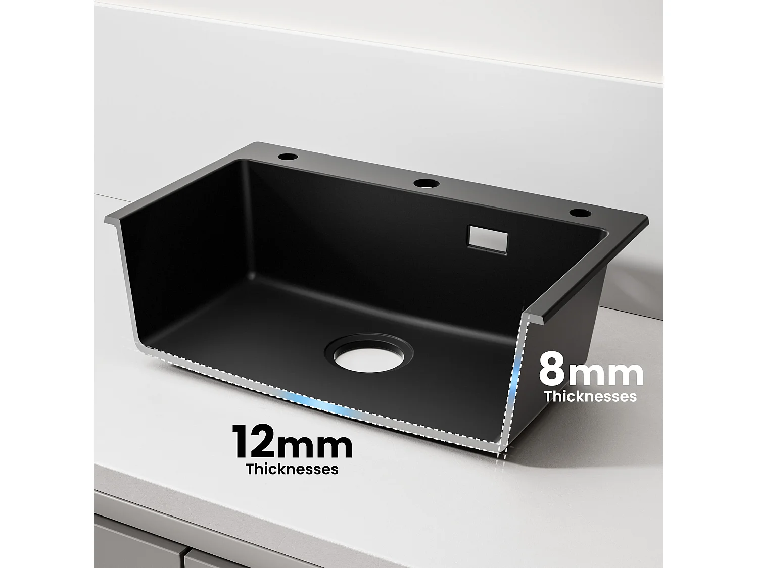 Noir Evier en Quartz avec Panier de Vidange et Distributeur de Savon 60*45cm + Mitigeur de Cuisine en Inox Noir