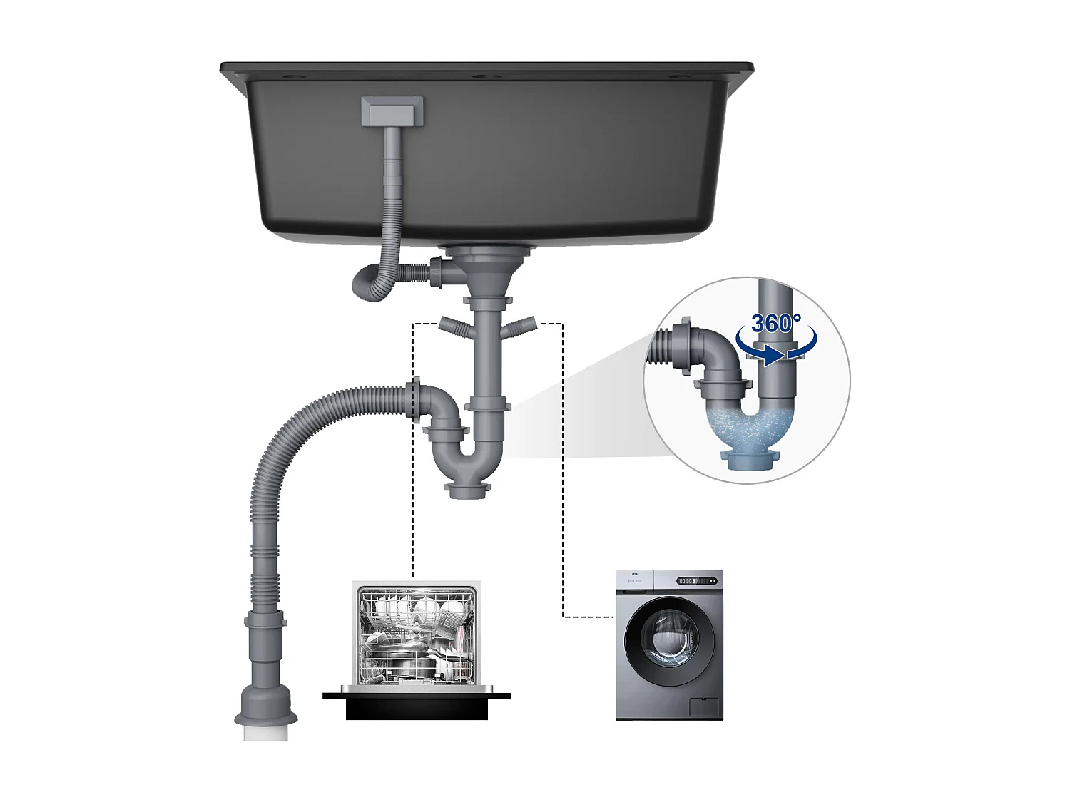 Noir Evier en Quartz avec Panier de Vidange et Distributeur de Savon 60*45cm + Mitigeur de Cuisine en Inox Noir