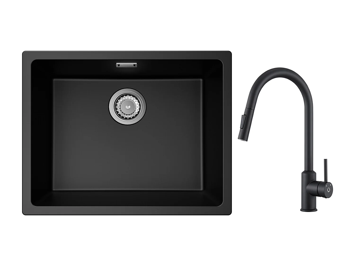 CECIPA MAX Fregadero 1 Seno de Cuarzo y Resina Negro Gris 55*44*20cm + Mezclador de Cocina con Ducha Extraíble Negro