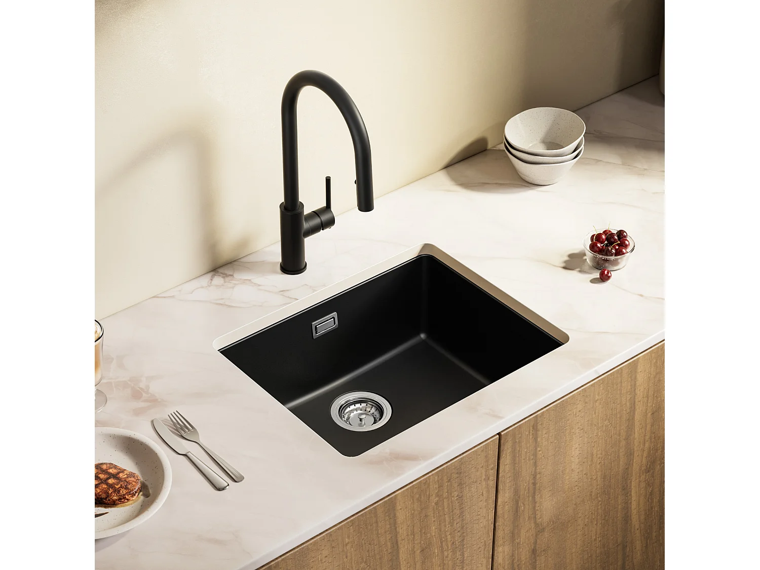 CECIPA MAX Evier 1 Bac en Quartz et Résine Noir Gris 55*44*20cm + Mitigeur de Cuisine avec Douchette Extractible Noir