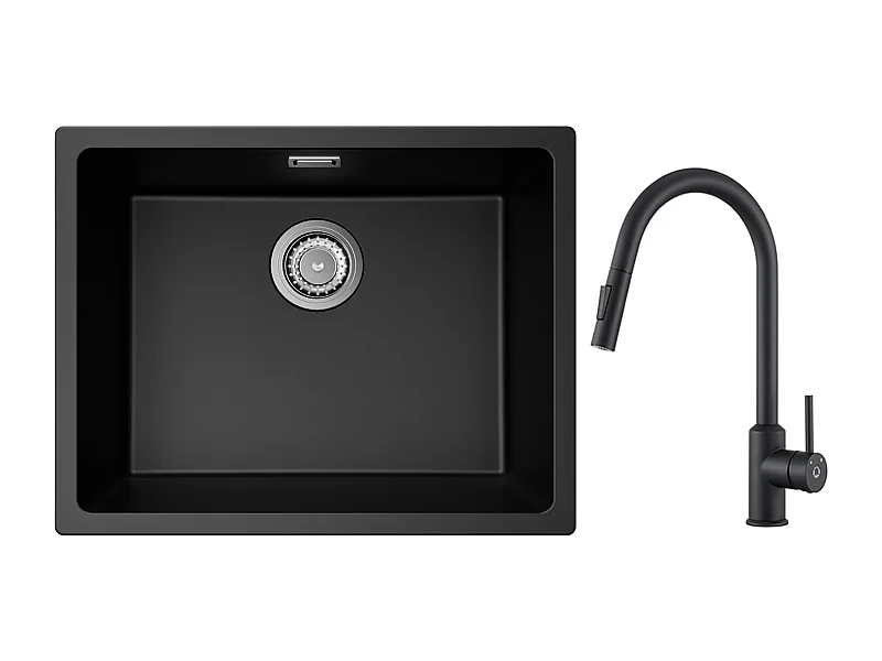 CECIPA MAX Evier 1 Bac en Quartz et Résine Noir Gris 55*44*20cm + Mitigeur de Cuisine avec Douchette Extractible Noir