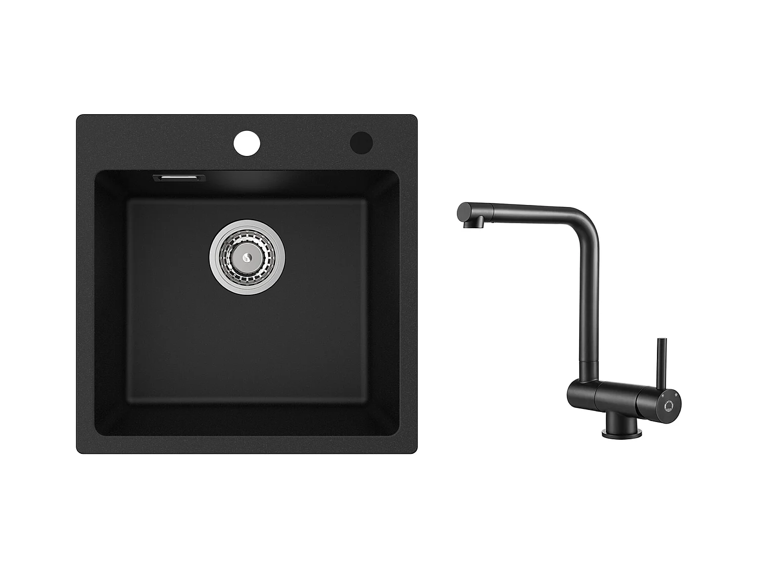 Cecipa MAX Evier 1 Bac en Quartz et Résine Noir 45x45cm Evier à Encastrer + Mitigeur de Cuisine Rabattable Noir