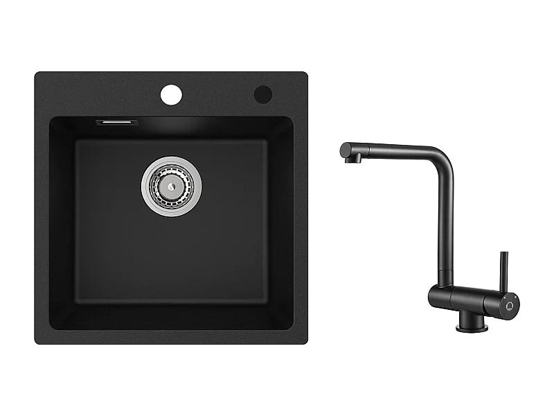 Cecipa MAX Evier 1 Bac en Quartz et Résine Noir 45x45cm Evier à Encastrer + Mitigeur de Cuisine Rabattable Noir