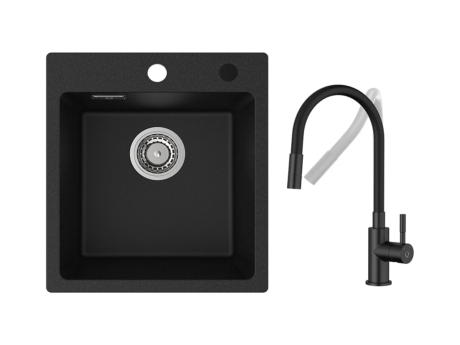 Lavello Cucina in Quarzo e Resina 40x45cm Lavello Quarzo 1 Vasca Nero + Miscelatore Cucina Flessibile, 2 Tipi di Getti Rubinetto Estraibile Nero