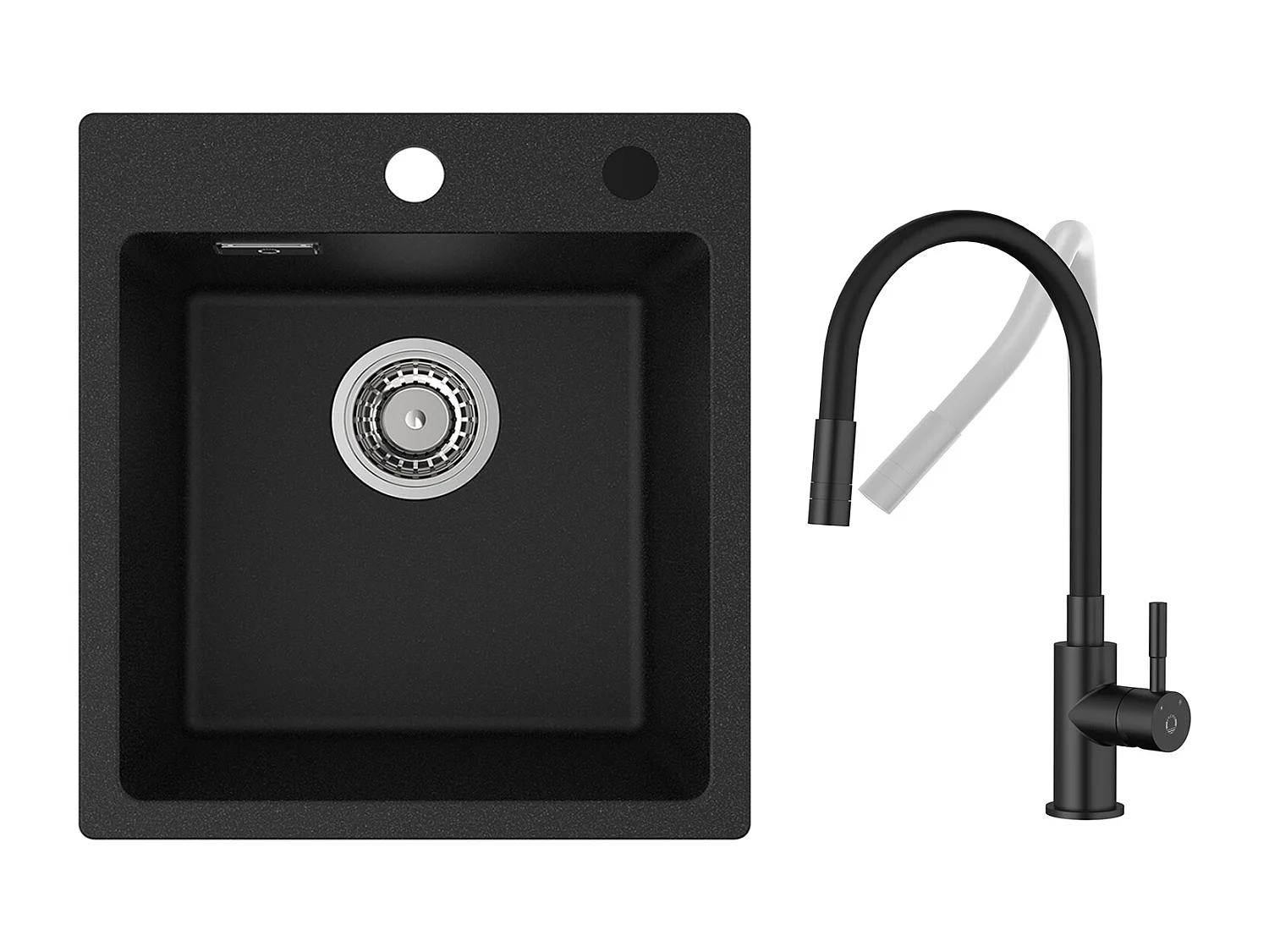 Evier de Cuisine en Quartz et Résine 40x45cm Evier Quartz 1 Bac Noir + Flexible Mitigeur de Cuisine, 2 Types de Jets  Robinet Extractible Noir