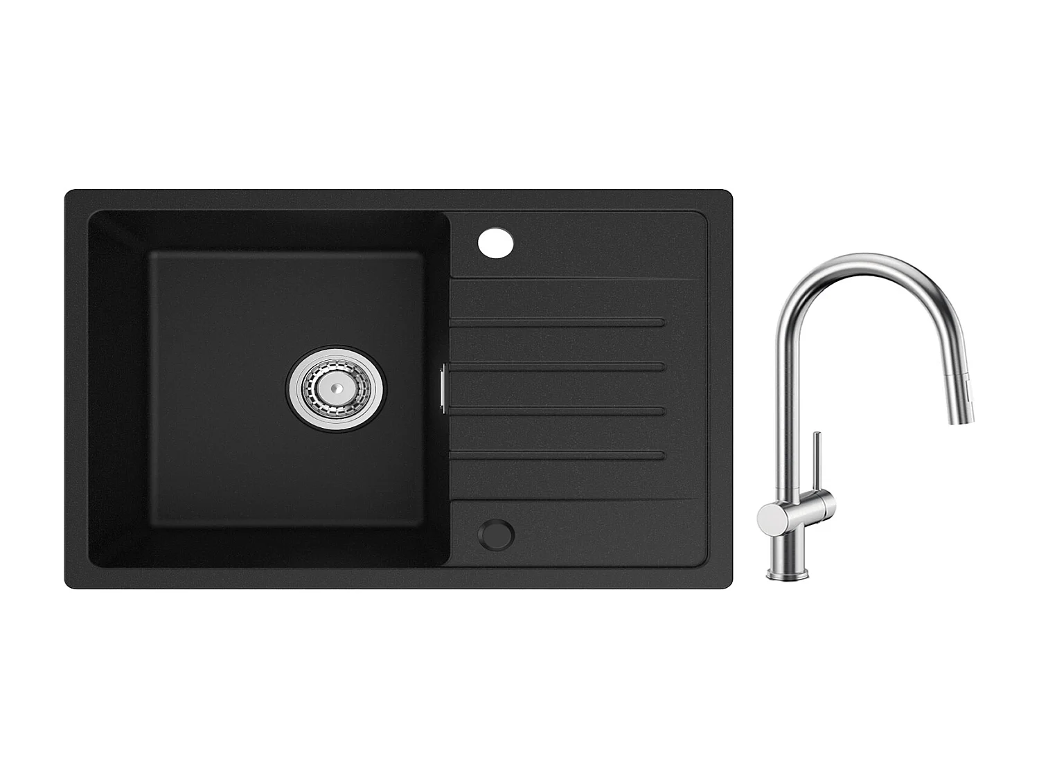 Cecipa max 78x45cm Einzelspüle mit Abtropffläche, Einbauspüle, Quarz und Kunstharz, Schwarz + Küchenmischbatterie mit ausziehbarer Brause, gebürstet