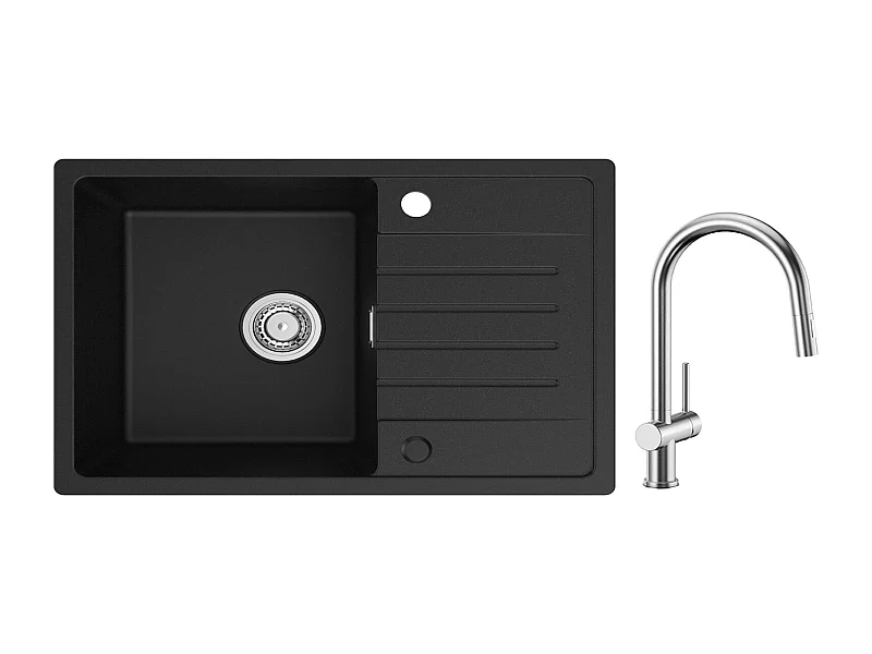 Cecipa max 78x45cm Evier 1 Bac avec Egouttoir Evier à encastrer Quartz et résine Noir + Mitigeur de Cuisine avec Douchette Extractible Brossé