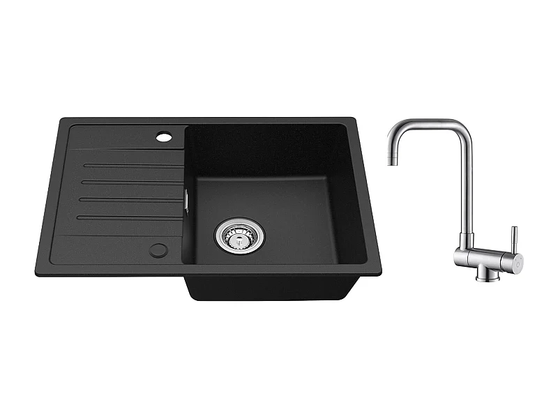 Cecipa max Evier 1 Bac avec Egouttoir Evier à encastrer Quartz et résine Noir 65x45cm + Robinet Cuisine Rabattable Mitigeur de Evier Repliable Brossé