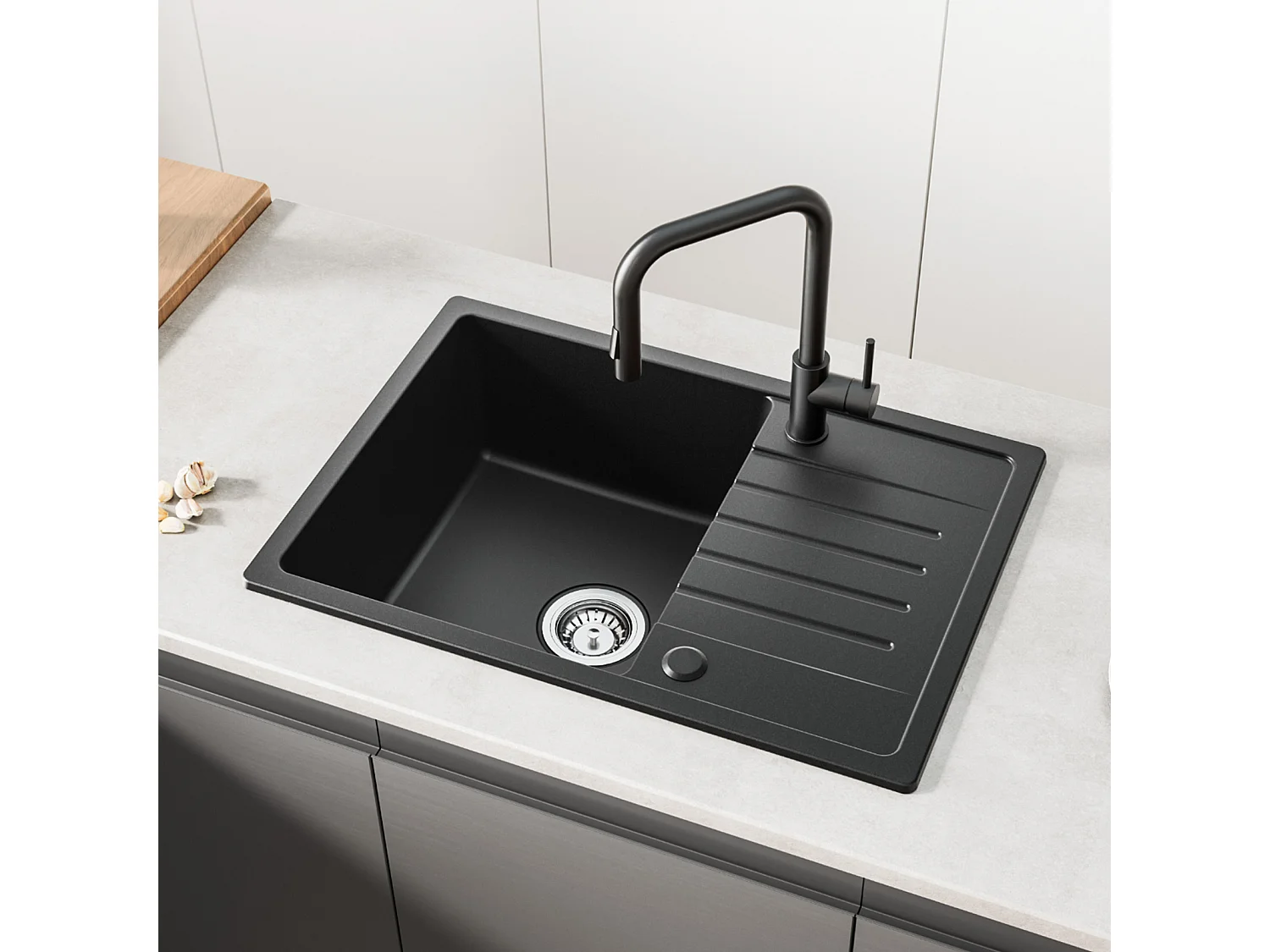 Cecipa max Evier 1 Bac avec Egouttoir Evier à encastrer Quartz et résine Noir 65x45cm + Robinet Cuisine Rabattable Mitigeur de Evier Repliable Brossé