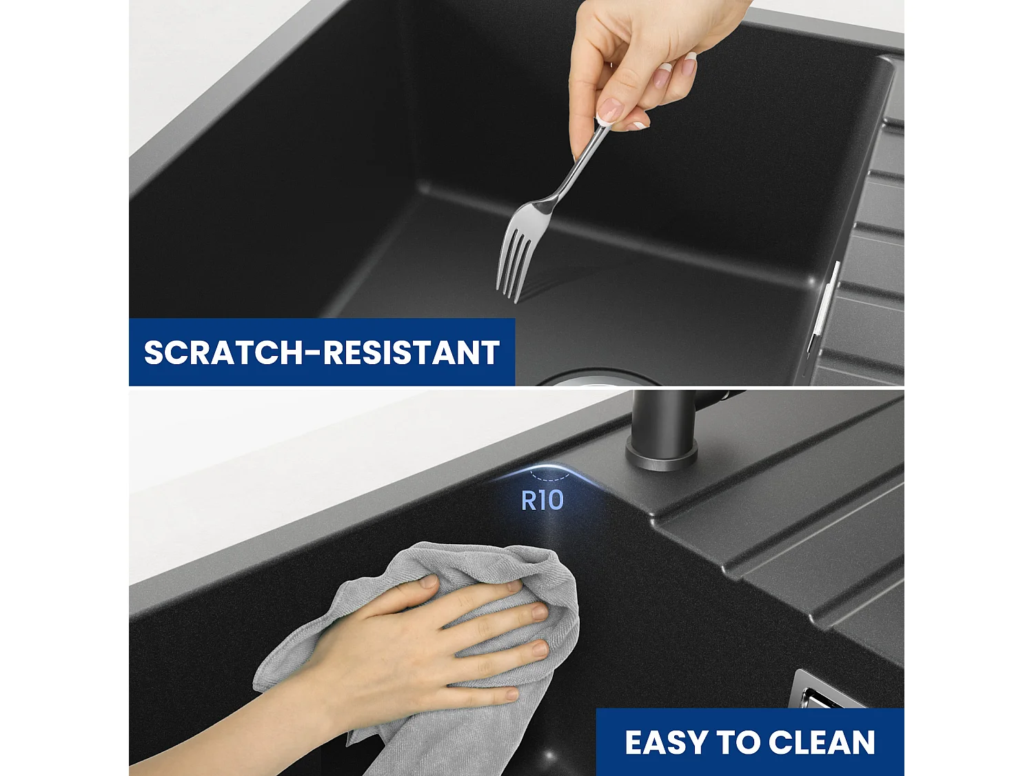 Cecipa max Evier 1 Bac avec Egouttoir Evier à encastrer Quartz et résine Noir 65x45cm + Robinet Cuisine Rabattable Mitigeur de Evier Repliable Brossé