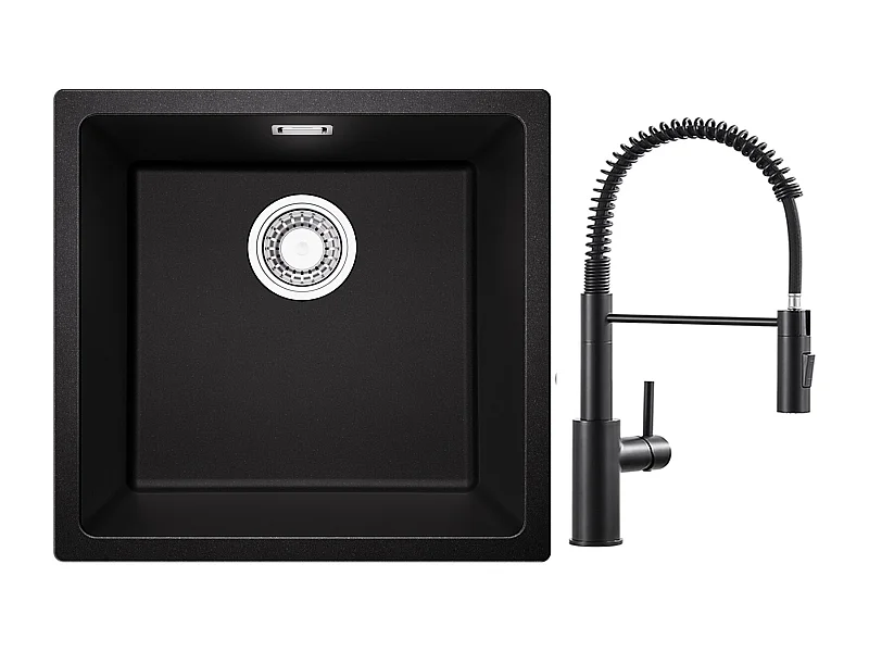 CECIPA MAX Einzelbecken aus Quarz- und Kunstharzspüle, Schwarzgrau, 45 x 44 x 20 cm + Küchenmischbatterie mit ausziehbarer Brause, Black Spring