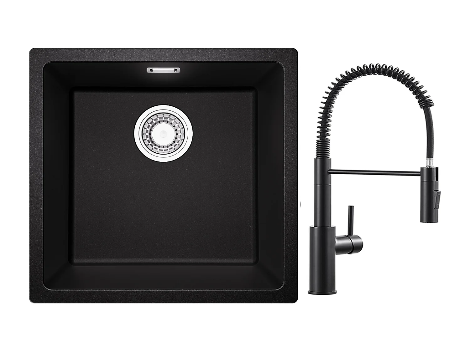 CECIPA MAX Einzelbecken aus Quarz- und Kunstharzspüle, Schwarzgrau, 45 x 44 x 20 cm + Küchenmischbatterie mit ausziehbarer Brause, Black Spring