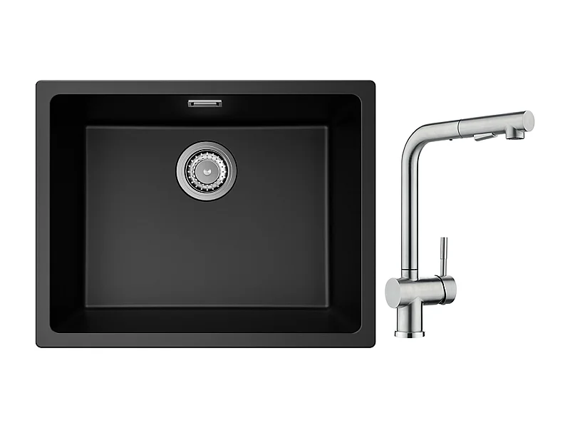 CECIPA MAX Evier 1 Bac en Quartz et Résine Noir Gris 55*44*20cm + Robinet Cuisine avec Douchette, Mitigeur Extractible Brossé