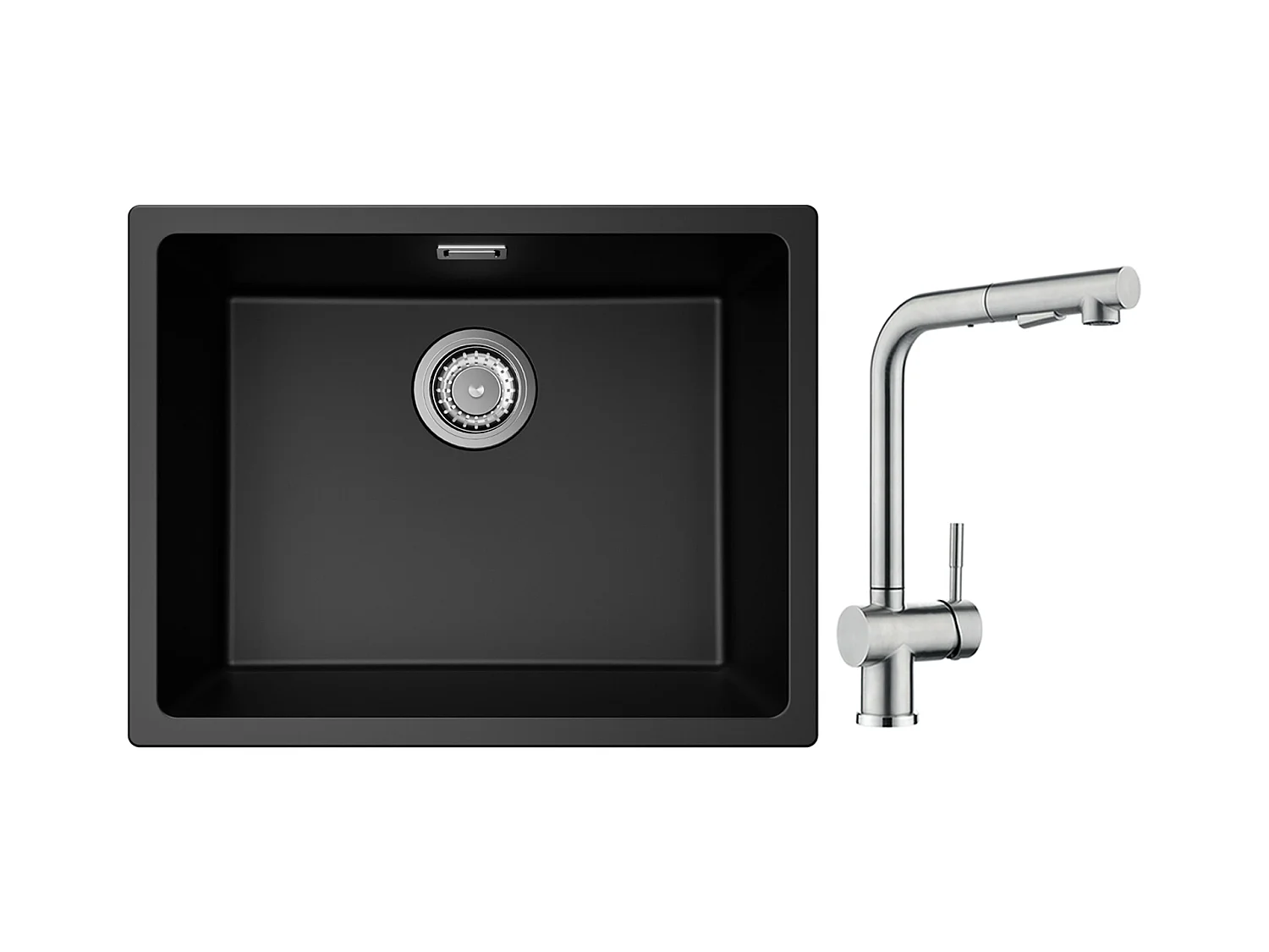 CECIPA MAX Evier 1 Bac en Quartz et Résine Noir Gris 55*44*20cm + Robinet Cuisine avec Douchette, Mitigeur Extractible Brossé