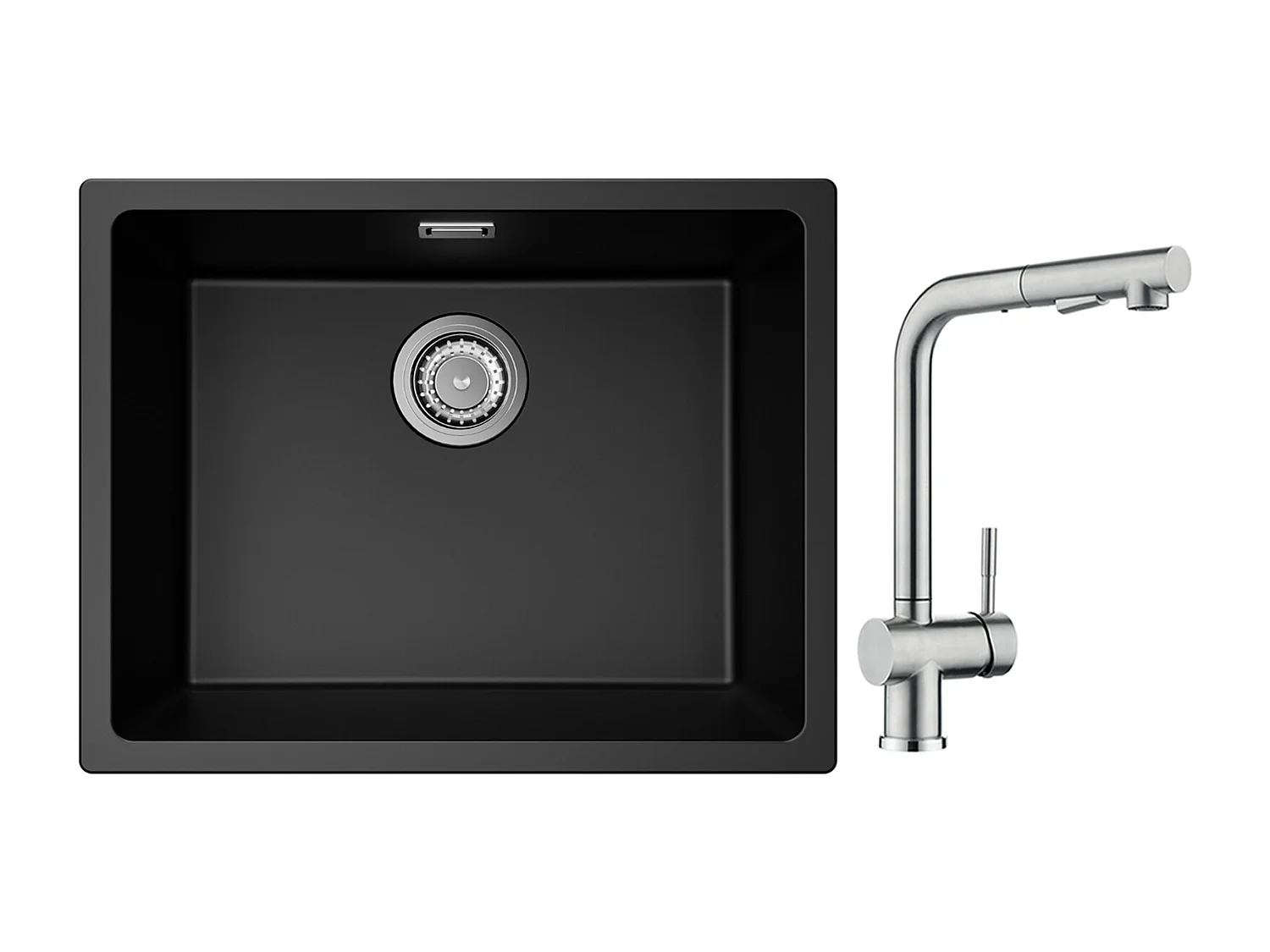 CECIPA MAX Evier 1 Bac en Quartz et Résine Noir Gris 55*44*20cm + Robinet Cuisine avec Douchette, Mitigeur Extractible Brossé