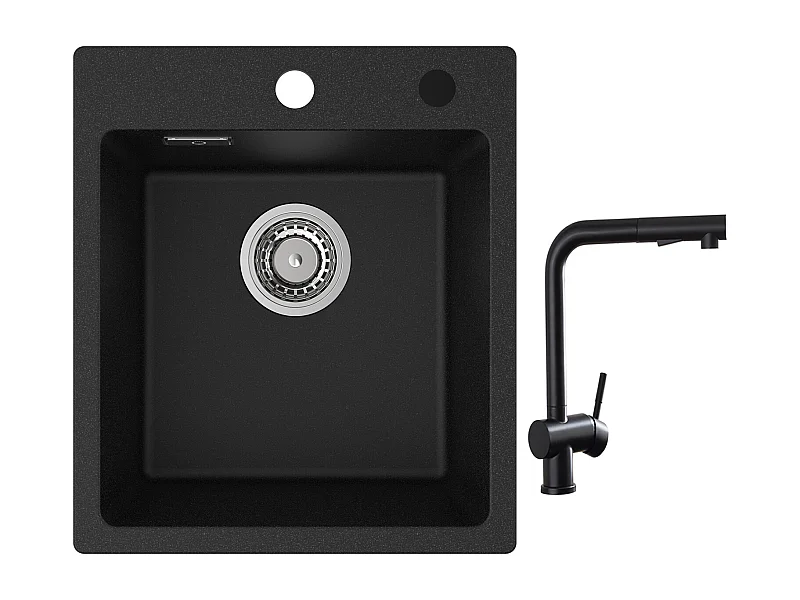 Lavello Cucina Cecipa max 40x45cm in Quarzo e Resina Lavello Quarzo 1 Vasca Nero + Rubinetti Cucina con Doccetta Estraibile, Miscelatore Lavello Nero