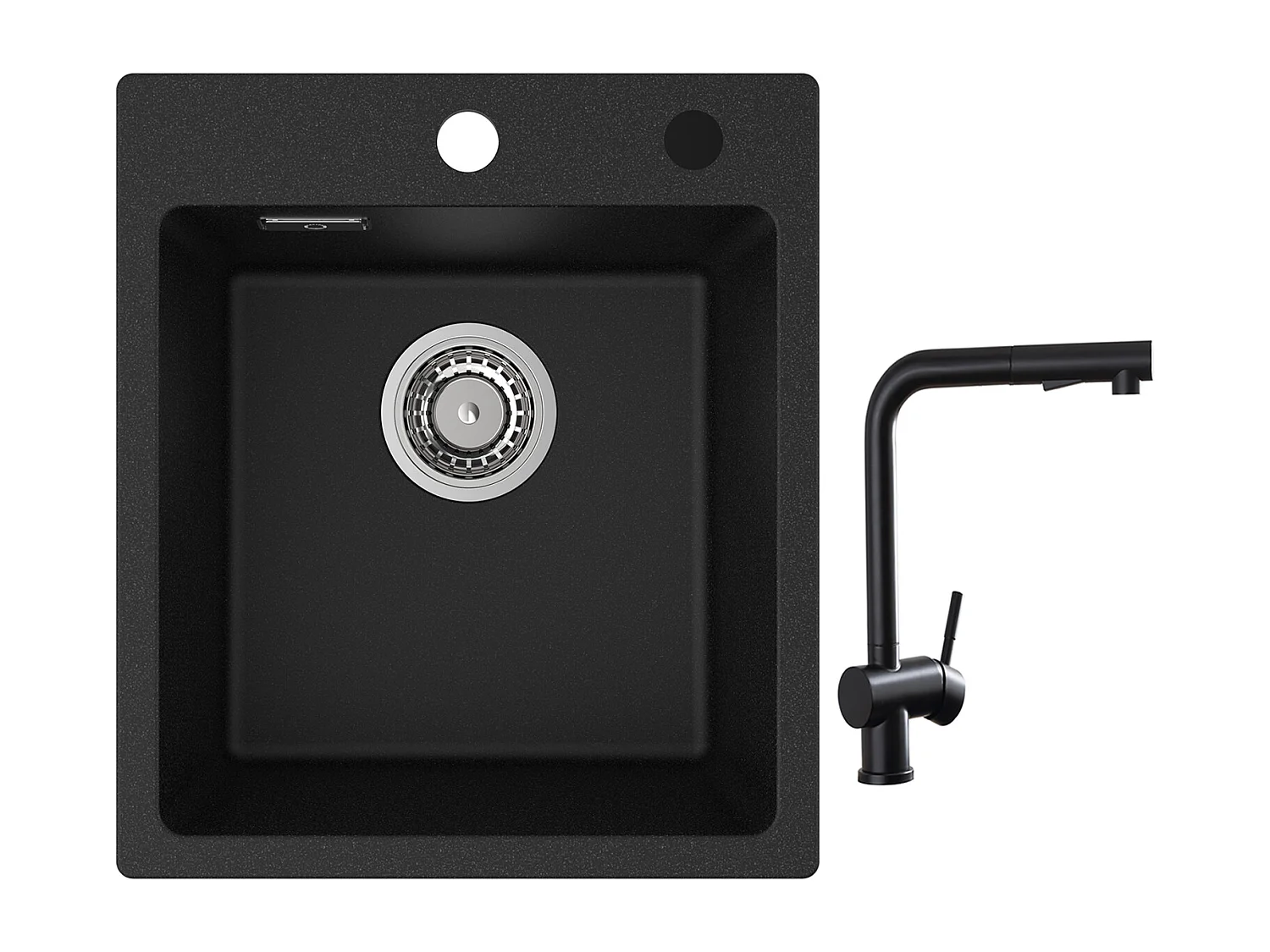 Fregadero Cecipa max 40x45cm en Cuarzo y Resina Fregadero de Cuarzo 1 Seno Negro + Grifería de Cocina con Ducha Extraíble, Mezclador Fregadero Negro