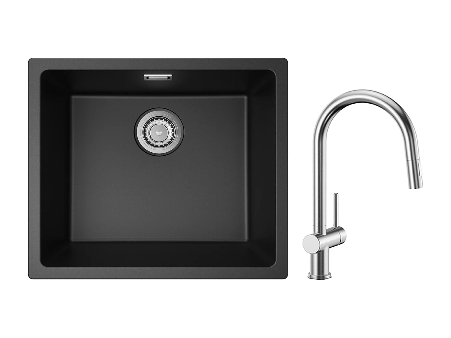 CECIPA MAX Fregadero 1 Seno de Cuarzo y Resina Negro Gris 50*44*20cm + Mezclador de Cocina con Ducha Extraíble Cepillada