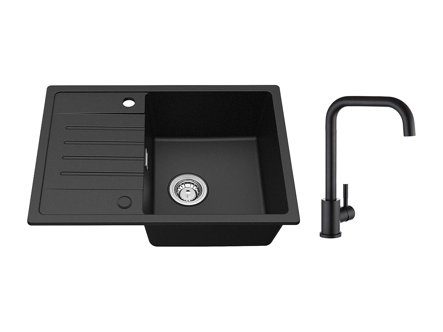 Noir Evier à Encastrer 1 Bac avec Egouttoir, Quartz et Résine, 65x45cm + Mitigeur de Cuisine en Inox Noir avec Bec Haut et Incurvé