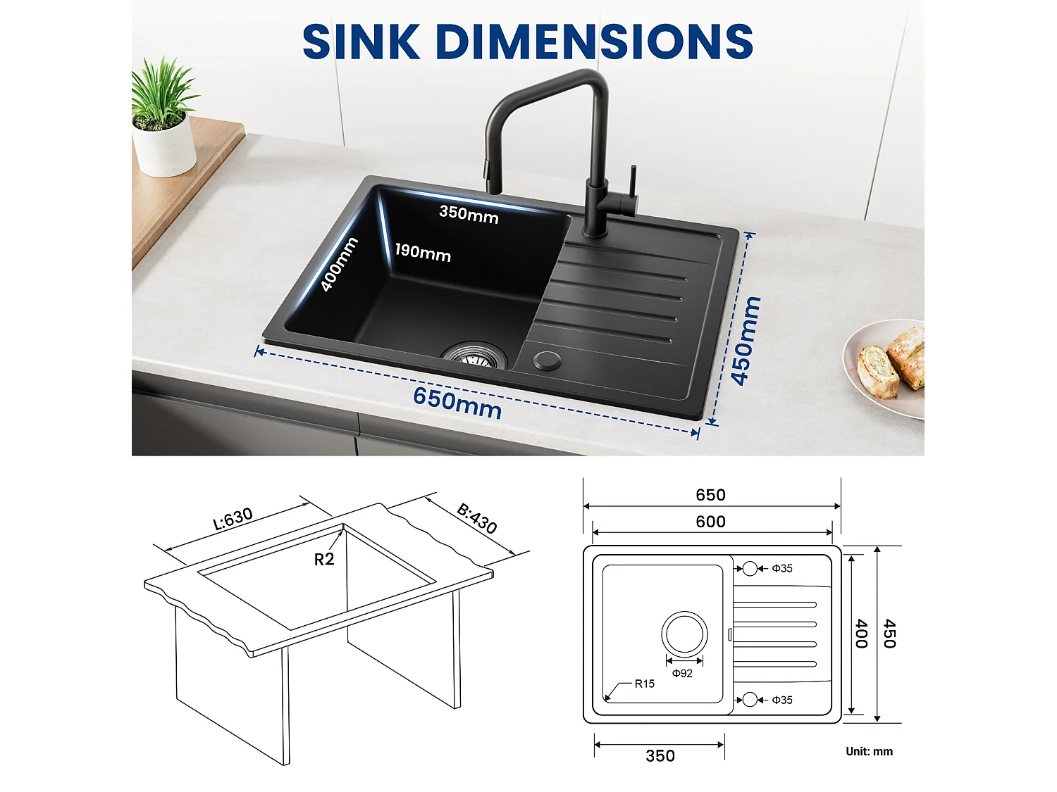 Noir Evier à Encastrer 1 Bac avec Egouttoir, Quartz et Résine, 65x45cm + Mitigeur de Cuisine en Inox Noir avec Bec Haut et Incurvé