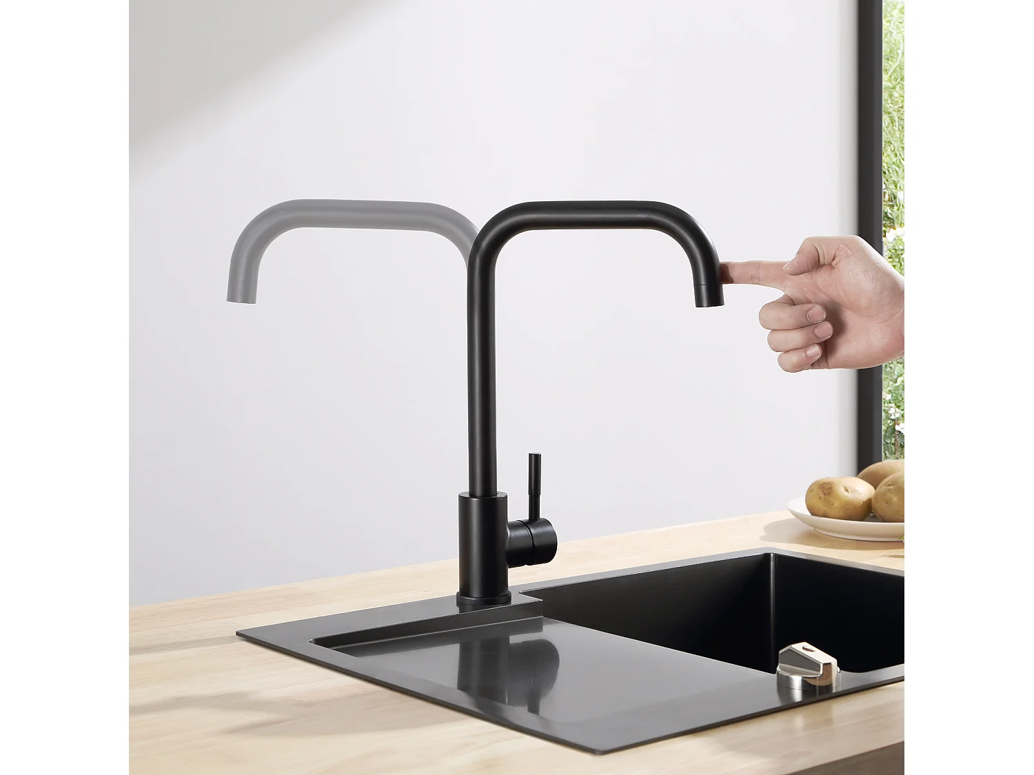 Noir Evier à Encastrer 1 Bac avec Egouttoir, Quartz et Résine, 65x45cm + Mitigeur de Cuisine en Inox Noir avec Bec Haut et Incurvé