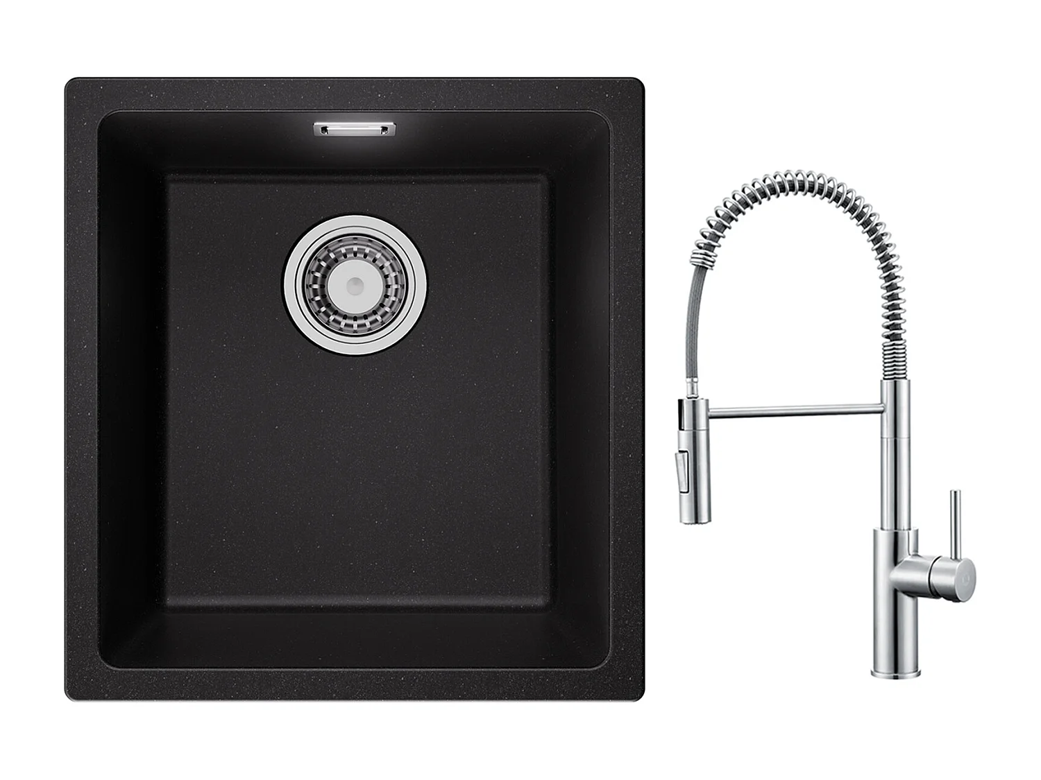 CECIPA MAX Evier 1 Bac en Quartz et Résine Noir Gris 40*44*20cm + Mitigeur de Cuisine à Ressort Brossé avec Douchette Extractible