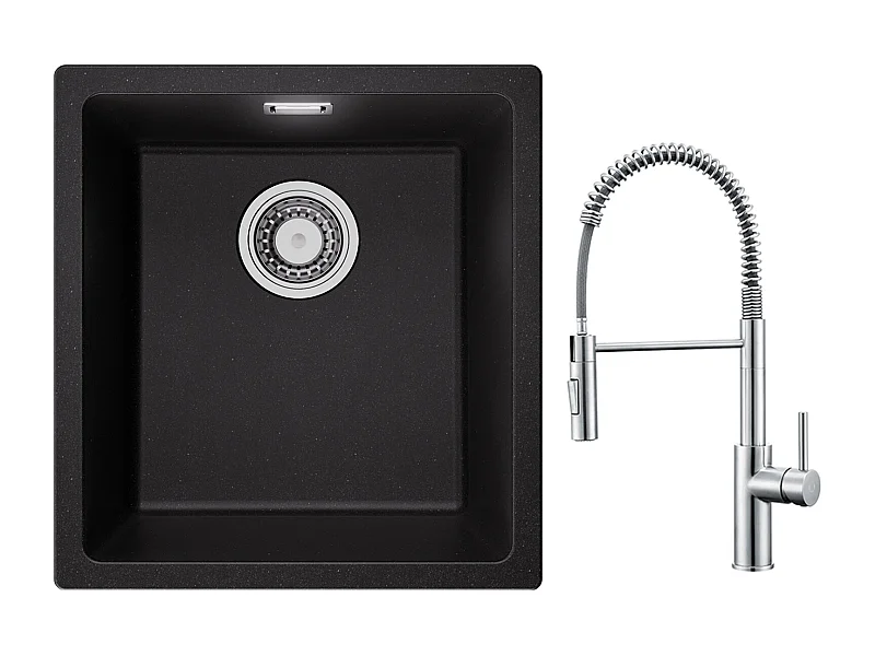 CECIPA MAX Spoelbak 1 Kom in Kwarts en Hars Zwart Grijs 40*44*20cm + Geborstelde Lente Keukenmengkraan met Uittrekbare Spray